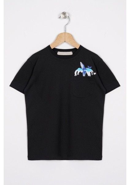 Bisiklet Yaka Kısa Kol Balına Baskılı Siyah Renk Erkek Çocuk Tshirt