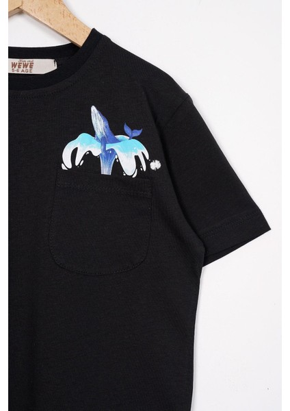 Bisiklet Yaka Kısa Kol Balına Baskılı Siyah Renk Erkek Çocuk Tshirt fiyatları