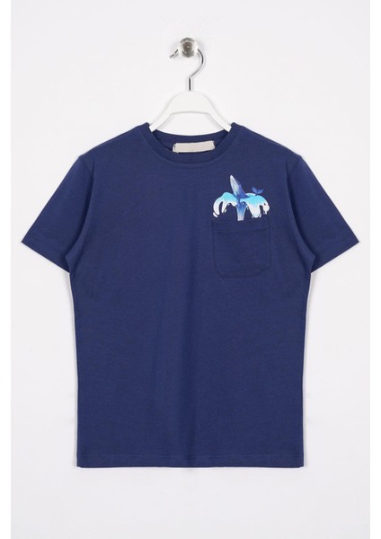 Bisiklet Yaka Kısa Kol Balına Baskılı Indigo Renk Erkek Çocuk Tshirt