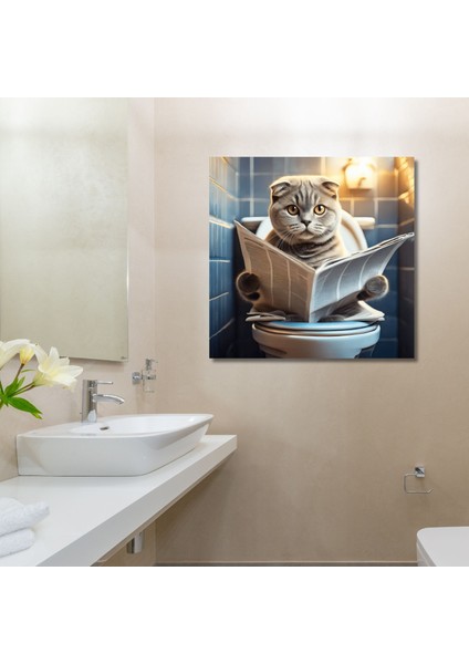 Tekli Kare Kanvas Banyo Tablosu Gazete Okuyan Scottish Fold
