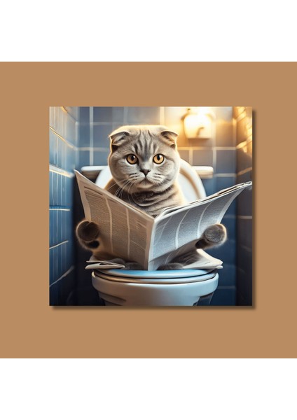 Tekli Kare Kanvas Banyo Tablosu Gazete Okuyan Scottish Fold