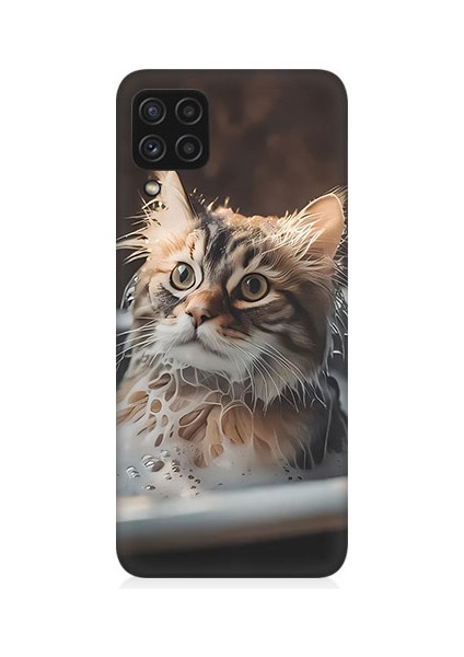 Samsung Galaxy A22 Uyumlu Banyo Yapan Kedi Desenli Silikon Kılıf