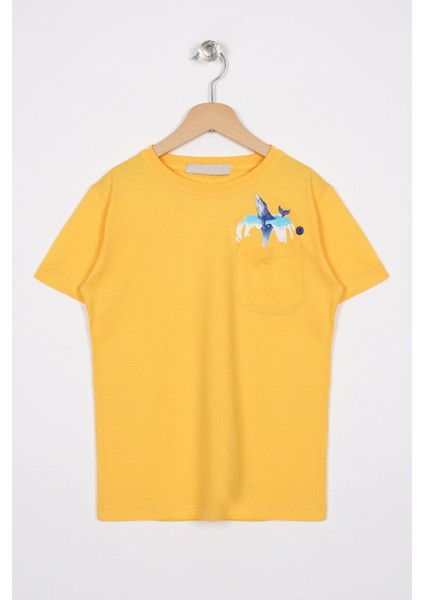 Bisiklet Yaka Kısa Kol Balına Baskılı Koyu Sari Renk Erkek Çocuk Tshirt