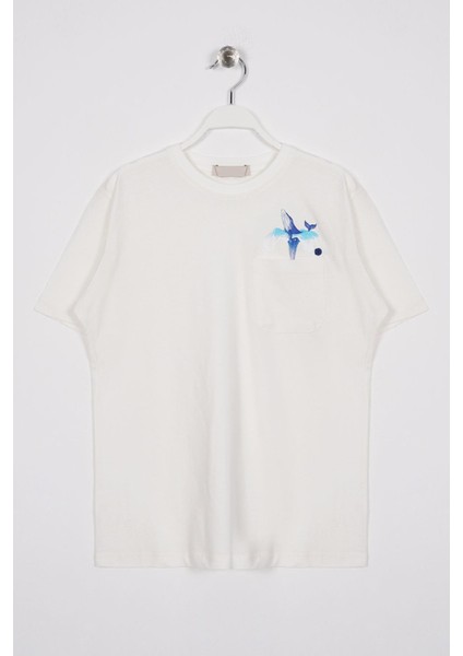 Bisiklet Yaka Kısa Kol Balına Baskılı Ekru Renk Erkek Çocuk Tshirt