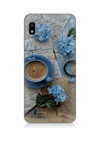 Samsung Galaxy A10 Uyumlu Mavi Çiçekler ve Mektuplar Desenli Silikon Kılıf
