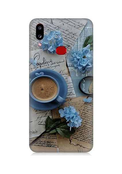 Samsung Galaxy A10S Uyumlu Mavi Çiçekler ve Mektuplar Desenli Silikon Kılıf