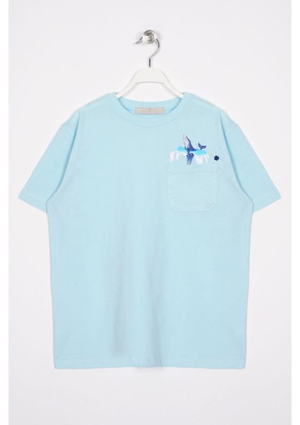 Bisiklet Yaka Kısa Kol Balına Baskılı Acik Mavi Renk Erkek Çocuk Tshirt