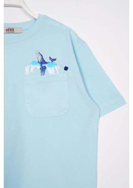 Bisiklet Yaka Kısa Kol Balına Baskılı Acik Mavi Renk Erkek Çocuk Tshirt fiyatları