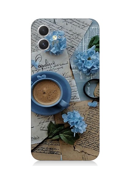 Samsung Galaxy A04 Uyumlu Mavi Çiçekler ve Mektuplar Desenli Silikon Kılıf