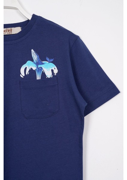 Bisiklet Yaka Kısa Kol Balına Baskılı Indigo Renk Erkek Çocuk Tshirt fiyatları