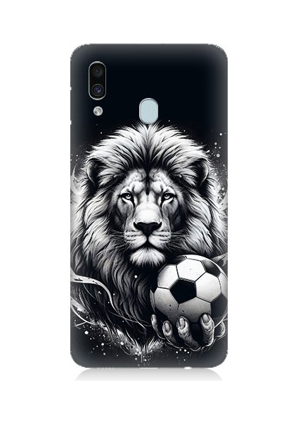 Samsung Galaxy A20 Uyumlu Siyah Beyaz Aslan ve Futbol Topu Desenli Silikon Kılıf