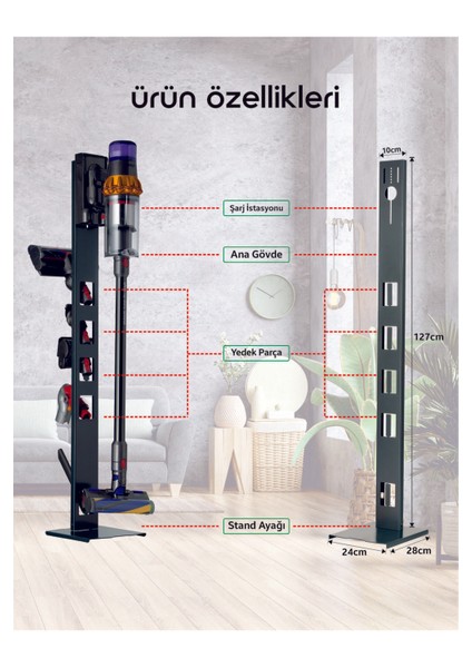 Gri Dyson Uyumlu Dikey Süpürge Standı Antrasit Renk V15 - V12 - V11 - V10 - V8