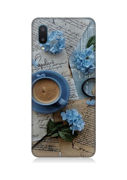Samsung Galaxy A02 Uyumlu Mavi Çiçekler ve Mektuplar Desenli Silikon Kılıf