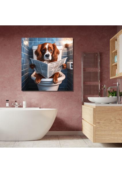 Tekli Kare Kanvas Banyo Tablosu Gazete Okuyan King Charles Köpek