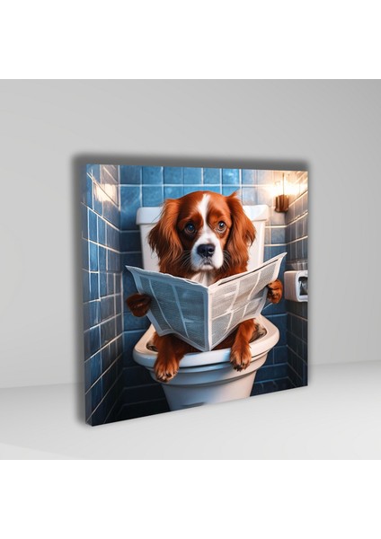 Tekli Kare Kanvas Banyo Tablosu Gazete Okuyan King Charles Köpek fiyatları