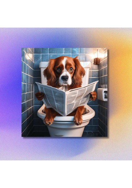 Tekli Kare Kanvas Banyo Tablosu Gazete Okuyan King Charles Köpek modelleri