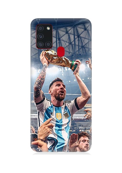 Samsung Galaxy A21S Uyumlu Lionel Messi ve Kupa Desenli Silikon Kılıf