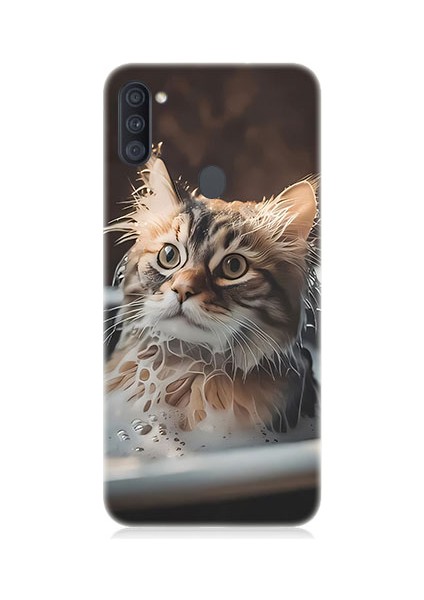 Samsung Galaxy A11 Uyumlu Banyo Yapan Kedi Desenli Silikon Kılıf