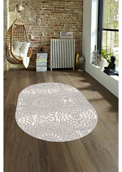 Dijital Baskılı Kaymaz Taban Yıkanabilir Sade Oval Yolluk Mutfak Salon Halısı, N-O-Sade-34-Krem,