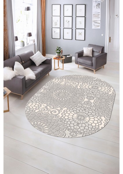Dijital Baskılı Kaymaz Taban Yıkanabilir Sade Oval Yolluk Mutfak Salon Halısı, N-O-Sade-34-Krem,