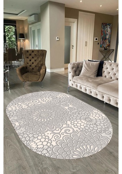 Dijital Baskılı Kaymaz Taban Yıkanabilir Sade Oval Yolluk Mutfak Salon Halısı, N-O-Sade-34-Krem,