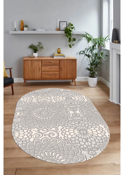 Dijital Baskılı Kaymaz Taban Yıkanabilir Sade Oval Yolluk Mutfak Salon Halısı, N-O-Sade-34-Krem,