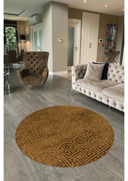 Dijital Baskılı Kaymaz Taban Yıkanabilir Sade Yuvarlak Mutfak Salon Halısı, N-Y-Sade-38-Kahve,