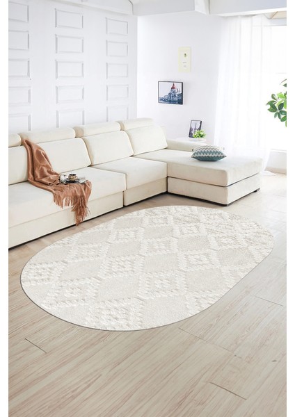 Dijital Baskılı Kaymaz Taban Yıkanabilir Sade Oval Yolluk Mutfak Salon Halısı, N-O-Sade-03-Krem, fırsatları