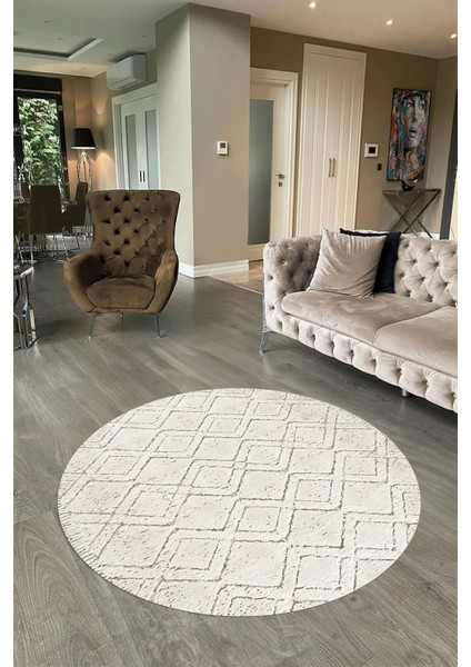 Dijital Baskılı Kaymaz Taban Yıkanabilir Sade Yuvarlak Mutfak Salon Halısı, N-Y-Sade-05-Krem,