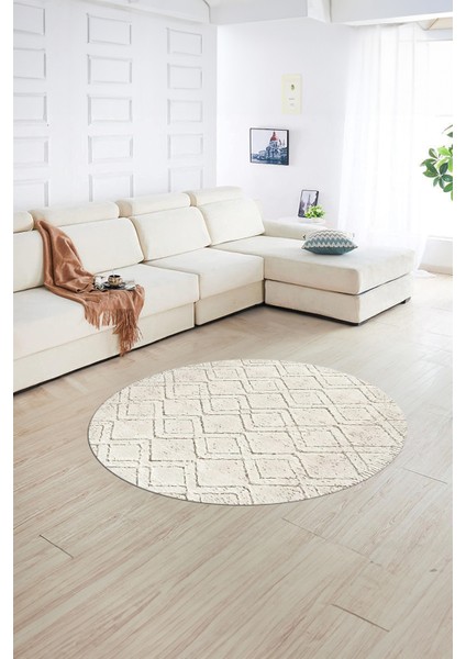 Dijital Baskılı Kaymaz Taban Yıkanabilir Sade Yuvarlak Mutfak Salon Halısı, N-Y-Sade-05-Krem,