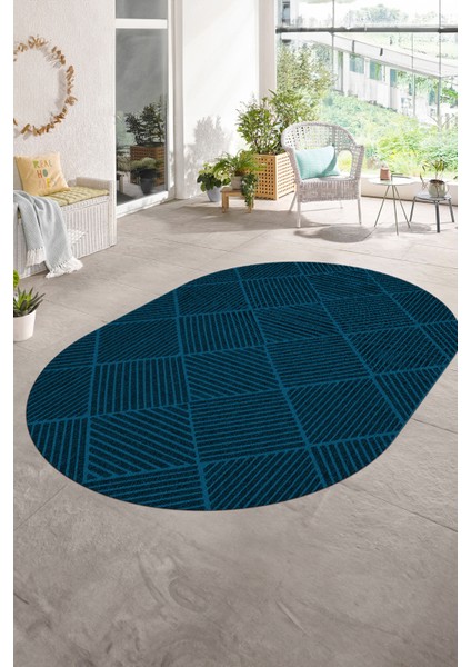 Dijital Baskılı Kaymaz Taban Yıkanabilir Sade Oval Yolluk Mutfak Salon Halısı, N-O-Sade-46-Mavi,
