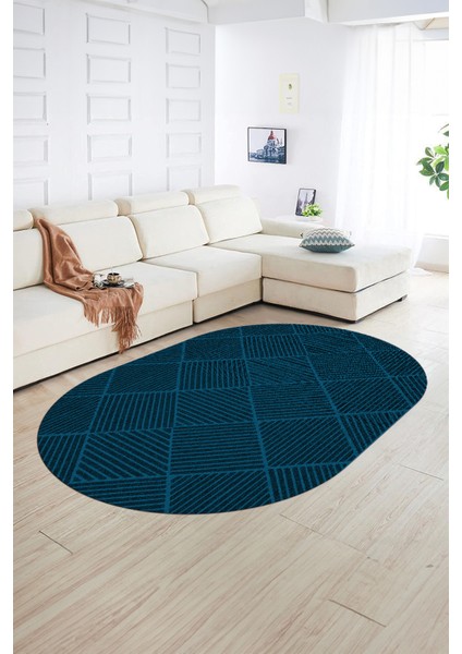 Dijital Baskılı Kaymaz Taban Yıkanabilir Sade Oval Yolluk Mutfak Salon Halısı, N-O-Sade-46-Mavi, indirimleri