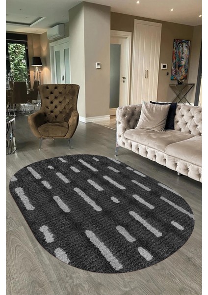 Dijital Baskılı Kaymaz Taban Yıkanabilir Sade Oval Yolluk Mutfak Salon Halısı, N-O-Sade-49-Antrasit,
