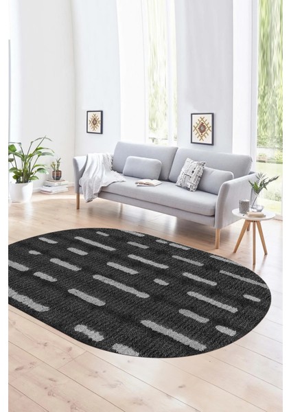 Dijital Baskılı Kaymaz Taban Yıkanabilir Sade Oval Yolluk Mutfak Salon Halısı, N-O-Sade-49-Antrasit,