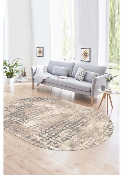 Dijital Baskılı Kaymaz Taban Yıkanabilir Sade Oval Yolluk Mutfak Salon Halısı, N-O-Sade-16-Vizon,