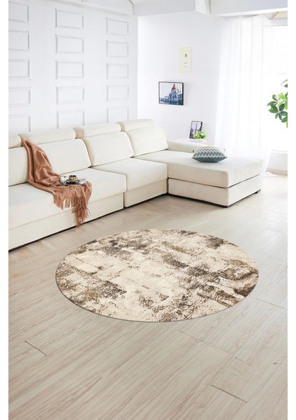 Dijital Baskılı Kaymaz Taban Yıkanabilir Sade Yuvarlak Mutfak Salon Halısı, N-Y-Sade-25-Kahve,