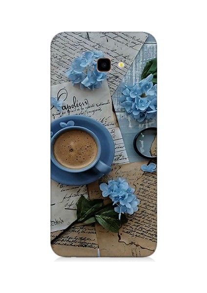 Samsung Galaxy J4 Plus Uyumlu Mavi Çiçekler ve Mektuplar Desenli Silikon Kılıf