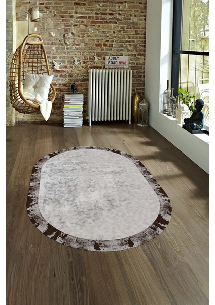 Dijital Baskılı Kaymaz Taban Yıkanabilir Sade Oval Yolluk Mutfak Salon Halısı, N-O-Sade-36-Kahve,