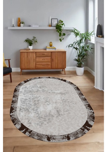 Dijital Baskılı Kaymaz Taban Yıkanabilir Sade Oval Yolluk Mutfak Salon Halısı, N-O-Sade-36-Kahve, indirimleri
