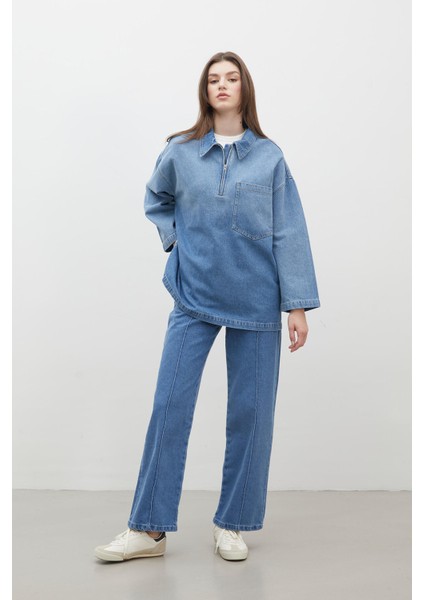 Dikiş Detaylı Straıght Denim Pantolon Mavi modelleri