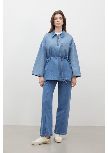 Dikiş Detaylı Straıght Denim Pantolon Mavi fırsatları