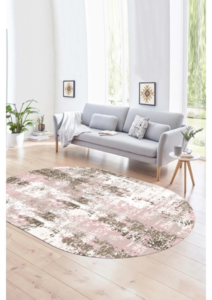 Dijital Baskılı Kaymaz Taban Yıkanabilir Sade Oval Yolluk Mutfak Salon Halısı, N-O-Sade-44-Pembe, indirimleri