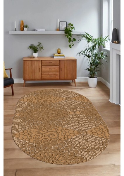 Dijital Baskılı Kaymaz Taban Yıkanabilir Sade Oval Yolluk Mutfak Salon Halısı, N-O-Sade-34-Kahve, indirimleri