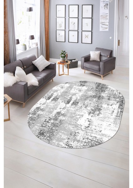 Dijital Baskılı Kaymaz Taban Yıkanabilir Sade Oval Yolluk Mutfak Salon Halısı, N-O-Sade-44-Gri,