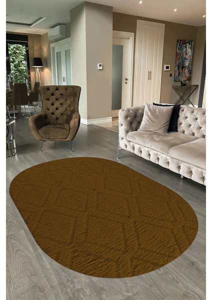 Dijital Baskılı Kaymaz Taban Yıkanabilir Sade Oval Yolluk Mutfak Salon Halısı, N-O-Sade-02-Kahve,