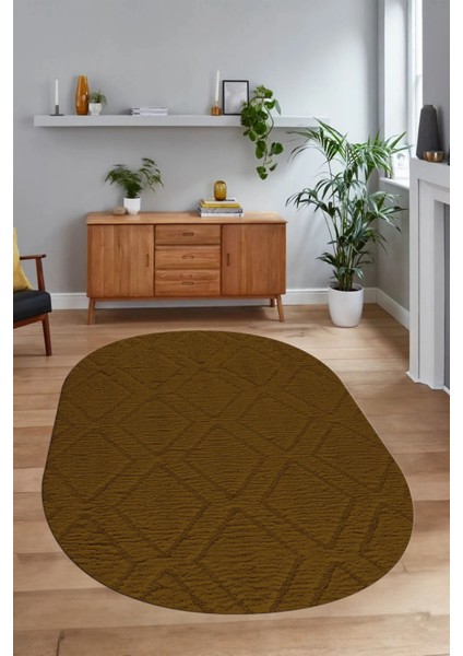 Dijital Baskılı Kaymaz Taban Yıkanabilir Sade Oval Yolluk Mutfak Salon Halısı, N-O-Sade-02-Kahve,