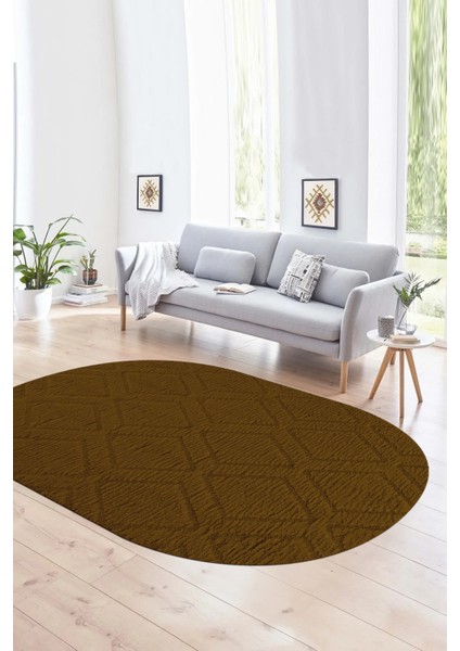 Dijital Baskılı Kaymaz Taban Yıkanabilir Sade Oval Yolluk Mutfak Salon Halısı, N-O-Sade-02-Kahve,