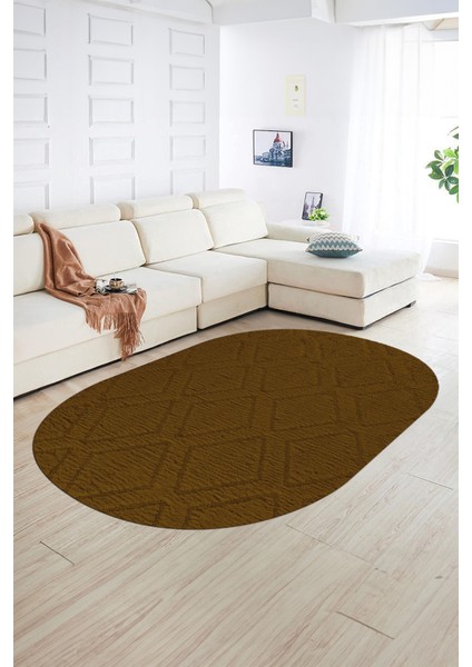 Dijital Baskılı Kaymaz Taban Yıkanabilir Sade Oval Yolluk Mutfak Salon Halısı, N-O-Sade-02-Kahve,