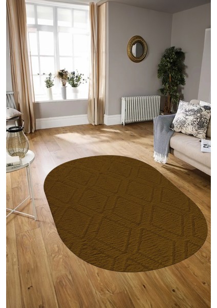 Dijital Baskılı Kaymaz Taban Yıkanabilir Sade Oval Yolluk Mutfak Salon Halısı, N-O-Sade-02-Kahve,