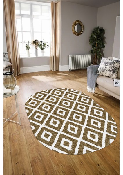 Dijital Baskılı Kaymaz Taban Yıkanabilir Sade Oval Yolluk Mutfak Salon Halısı, N-O-Sade-27-Kahve,